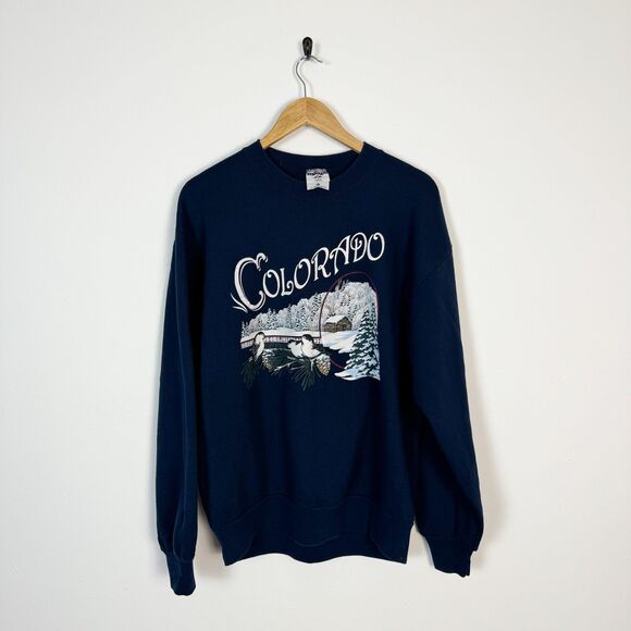 VTG 90s Colorado Winter Christmas Snow Bird Navy Crewneck Sweater - Picture 1 of 4